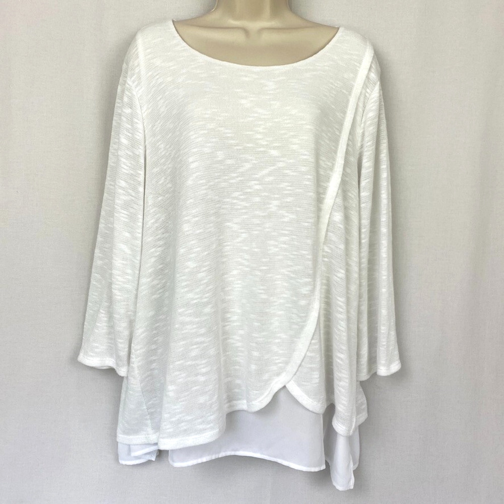 Chicos 3 Sweater White Layered Tulip Hem Semi Sheer Lagenlook Coastal Chic XL 1X